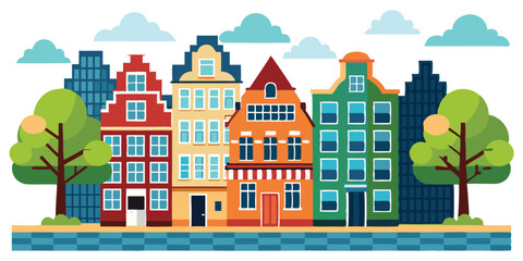 Netherlands Houses, Amsterdam traditional colorful homes, architecture illustrations