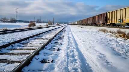 Fototapeta premium SnowCovered Train Tracks Leading to a Winter Landscape : Generative AI