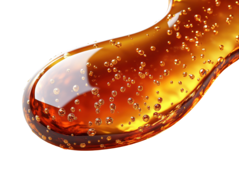 close up of viscous liquid with bubbles, showcasing rich amber color and glossy texture. image captures fluid movement and