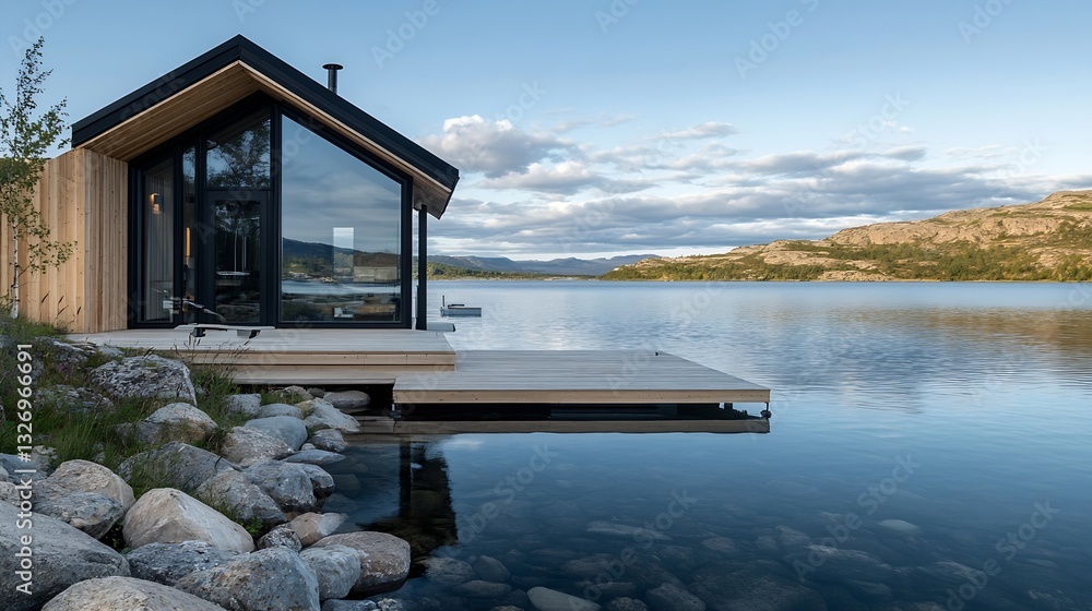 Poster modern architecture of a glass house with a wooden deck by a serene lake surrounded by mountains : g