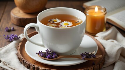 Fototapeta premium A calming cup of herbal tea adorned with flowers, accompanied by a lit candle, set on a rustic wooden table for a cozy atmosphere.