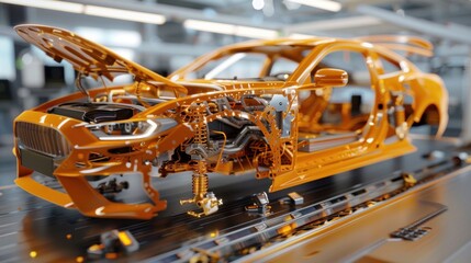 Fototapeta premium Detailed Cutaway View of an Orange Sports Car with Visible Components