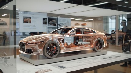 Obraz premium Futuristic Car Model Displayed in Modern Automotive Showroom