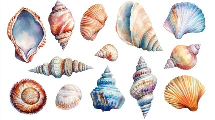 set of Watercolor seashells, sea. Illustration clipart isolated on white background.