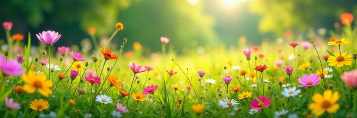 Fototapeta premium Vibrant wildflowers creating a beautiful meadow scene, growth, wild