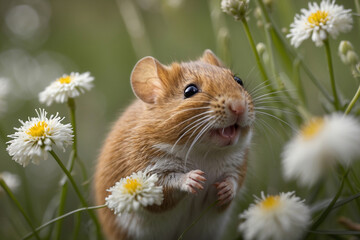 Adorable mouse excitedly exploring daisies, whiskers twitching in warm sunlight.