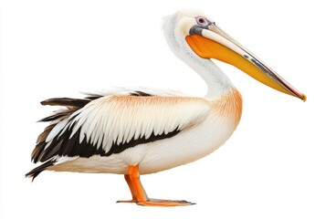 White Pelican with Orange Beak and Feet on White Background
