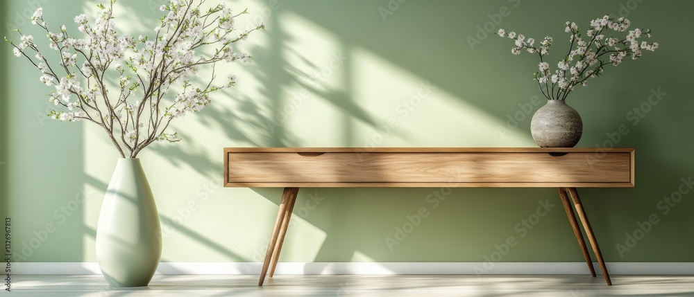 Aufkleber serene interior with wooden console table adorned with vases of blossoming branches against a green 