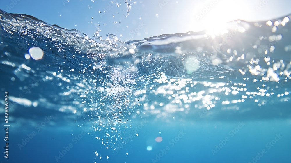 Aufkleber beautiful underwater view capturing sunlight reflections and bubbles in a clear blue ocean : generat