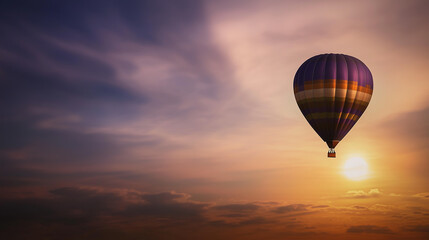 Naklejka premium Majestic Hot Air Balloon Soaring Peacefully Against Dramatic Sunset Sky