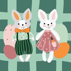 Obraz premium An adorable Easter bunny couple in vintage-style outfits. The boy wears green striped pants with suspenders, and the girl wears a pink dress with a carrot pocket. Perfect for decor and illustrations.