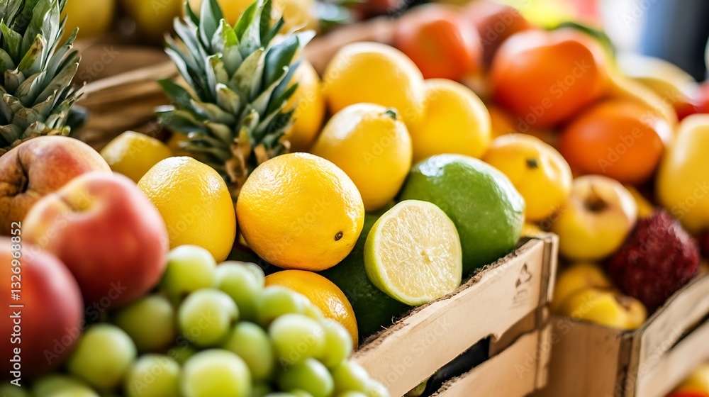 Poster vibrant assortment of fresh fruits in wooden crates showcasing colorful tropical produce : generativ