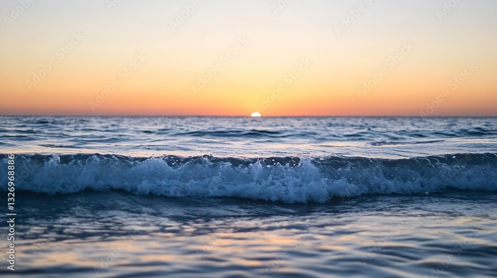 Poster serene view of ocean waves gently crashing on the shore at sunset : generative ai