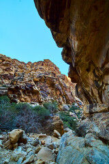 Rugged Canyon Rock Formations with Clear Blue Sky Low Angle View