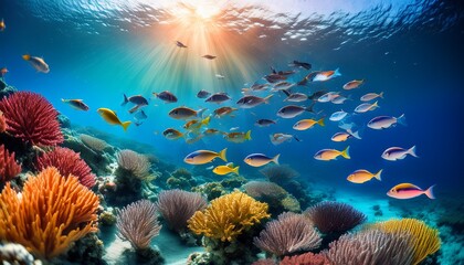 Fototapeta premium Colorful Yellow Grey School of Fish Swimming in the Ocean with Coral Reefs with Centred Sunlight Ray