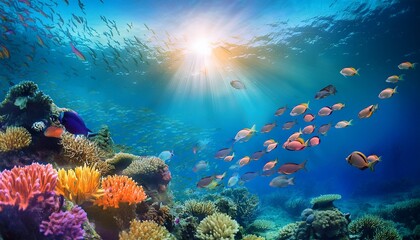Fototapeta premium Colorful Yellow Grey School of Fish Swimming in the Ocean with Coral Reefs with Centred Sunlight Ray Two