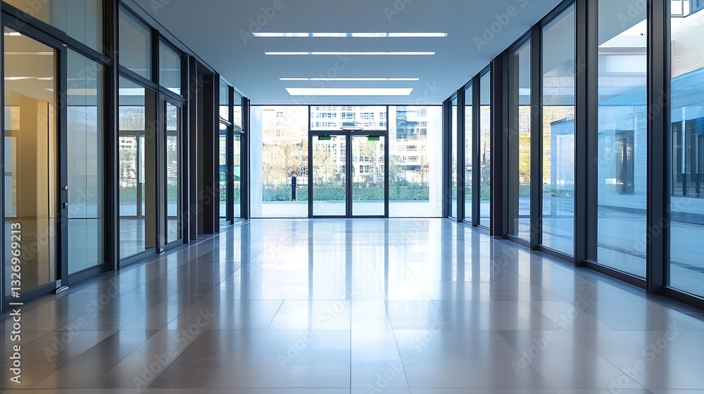 Poster spacious modern hall with glass doors and natural light creating an inviting minimalist environment 