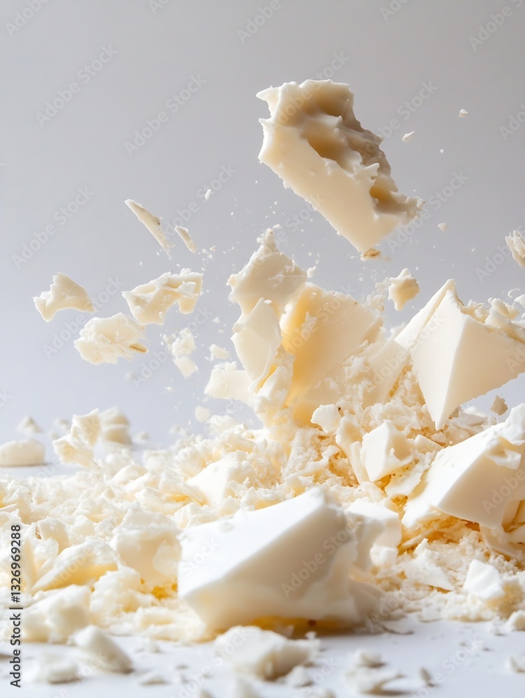 Poster Exploding white chocolate pieces creating a dynamic and artistic composition on a bright background : Generative AI
