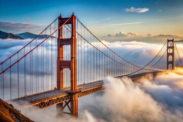 Fototapeta premium Golden Gate Bridge shrouded in mist, iconic San Francisco landmark, popular tourist destination, California USA.