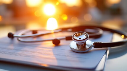 Golden Light Illuminates Medical Care Focus On Healing In Field Stethoscope Rests Beside Document, Revealing Detailed Chart Data Against Soft, Blurred Background, Vital For Patient Care