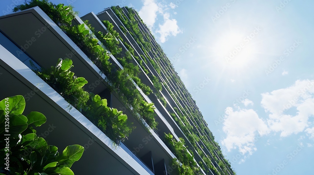Poster ecofriendly architectural design of a modern building with lush greenery and blue sky : generative a
