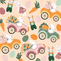 Adorable vintage-style bunnies drive pastel-colored cars filled with tulips, carrots, and Easter eggs. Soft muted tones create a nostalgic holiday atmosphere, perfect for Easter decorations and season