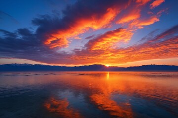 Naklejka premium arafed sky with a bright orange and blue sunset reflecting in the water