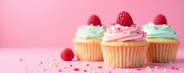 Pastel cupcakes, raspberry topping, sprinkles, pink background, food photography, delicious