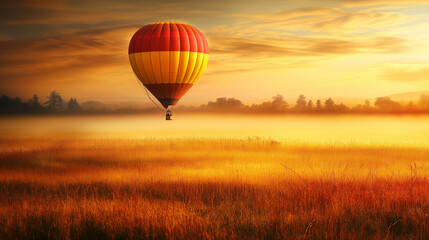 Naklejka premium Vibrant Hot Air Balloon With Adventurous Spirit Soaring Over Misty Fields At Dawn