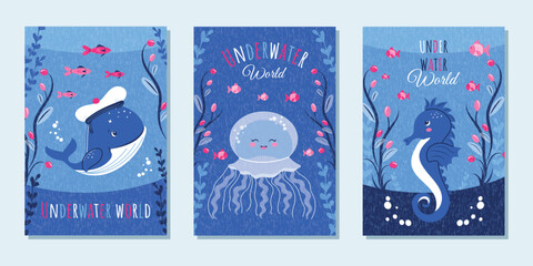 A set of fashionable postcards. Sea posters with a seahorse, a jellyfish and a funny whale in a hat. Vector template for designing covers, advertising, branding, banners, flyers and more.