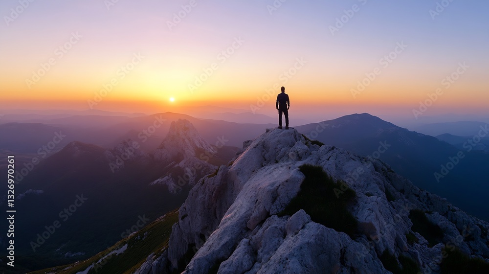 Poster breathtaking mountain peak view at sunset with adventurer standing alone on cliff edge : generative 