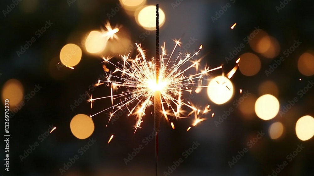 Poster burning sparkler with bokeh lights in dark background.