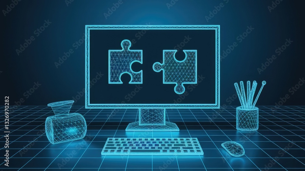 Poster abstract desktop and jigsaw puzzle on screen. business solution concept on dark background. monochro