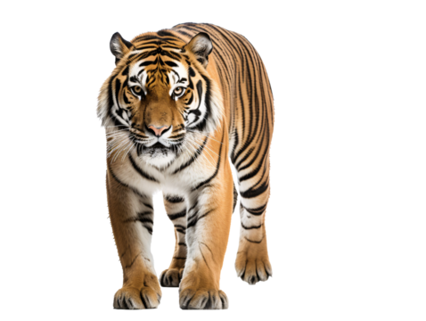 a tiger walking on a white background