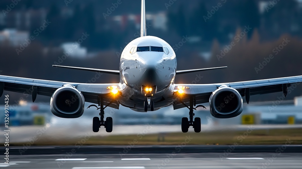 Poster airplane taking off with runway lights illuminated capturing the excitement of air travel under a cl
