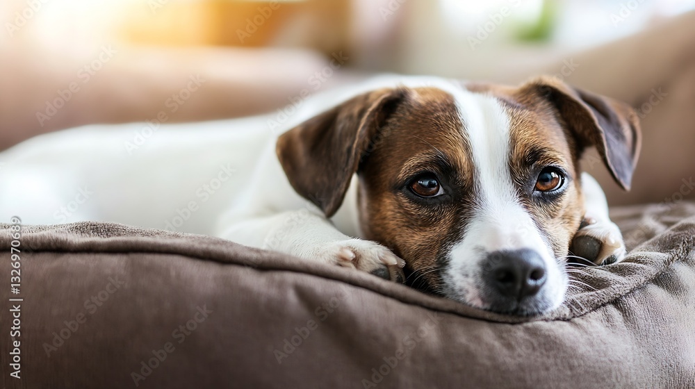 Poster Relaxed dog lying on a soft couch with a calm expression during a peaceful afternoon : Generative AI