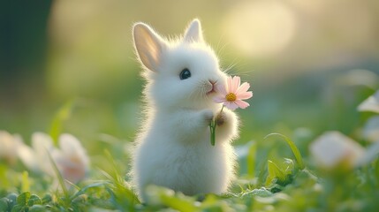 A tiny fluffy white rabbit holds a pink flower in its paws. A spring landscape with blossoms and soft sunlight, Easter