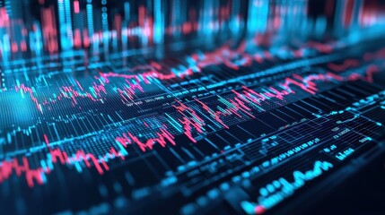 A vibrant digital display of fluctuating data trends, featuring bright red and blue graphs against a dark background, representing analytics or financial markets.