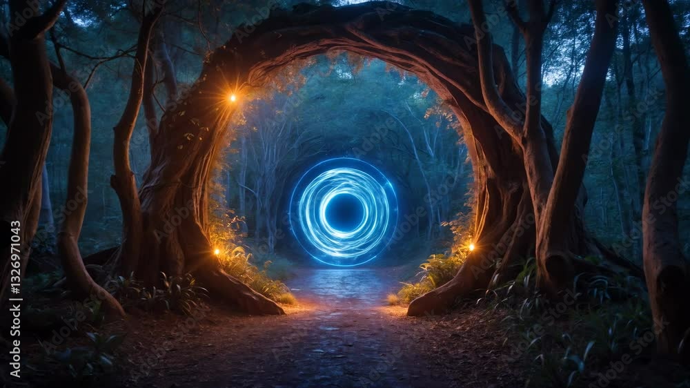 Poster surreal forest pathway amid glowing orbs and enchanting trees creating mystical atmosphere at twilig