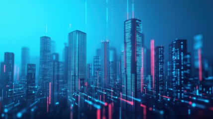 Obraz premium A futuristic city skyline illuminated with vibrant blue and pink lights, showcasing tall buildings and a digital atmosphere.