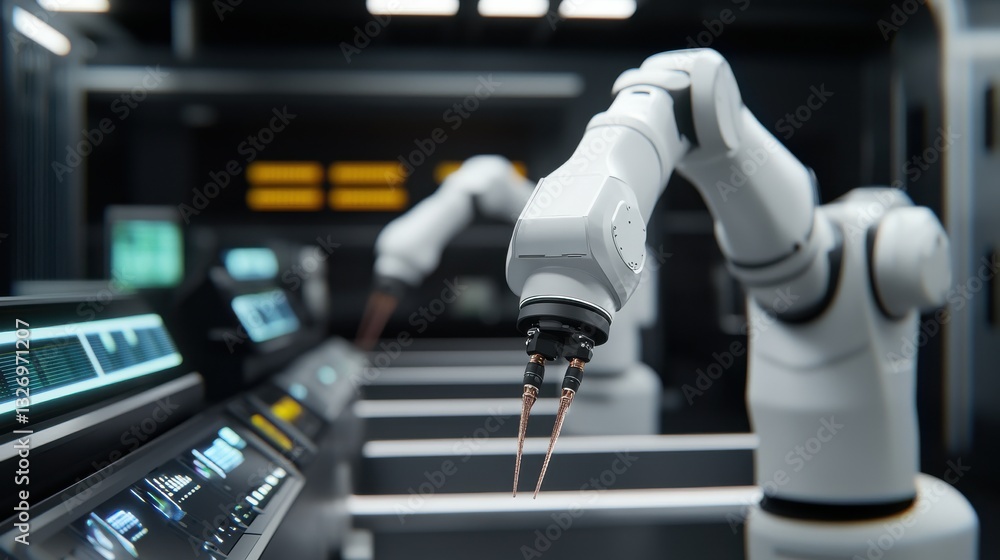 Poster a close-up view of robotic arms in a modern industrial setting, showcasing advanced technology and a