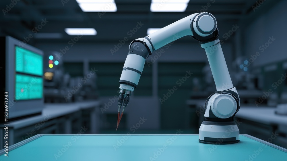 Poster a robotic arm positioned on a table in a modern laboratory setting, showcasing advanced technology a