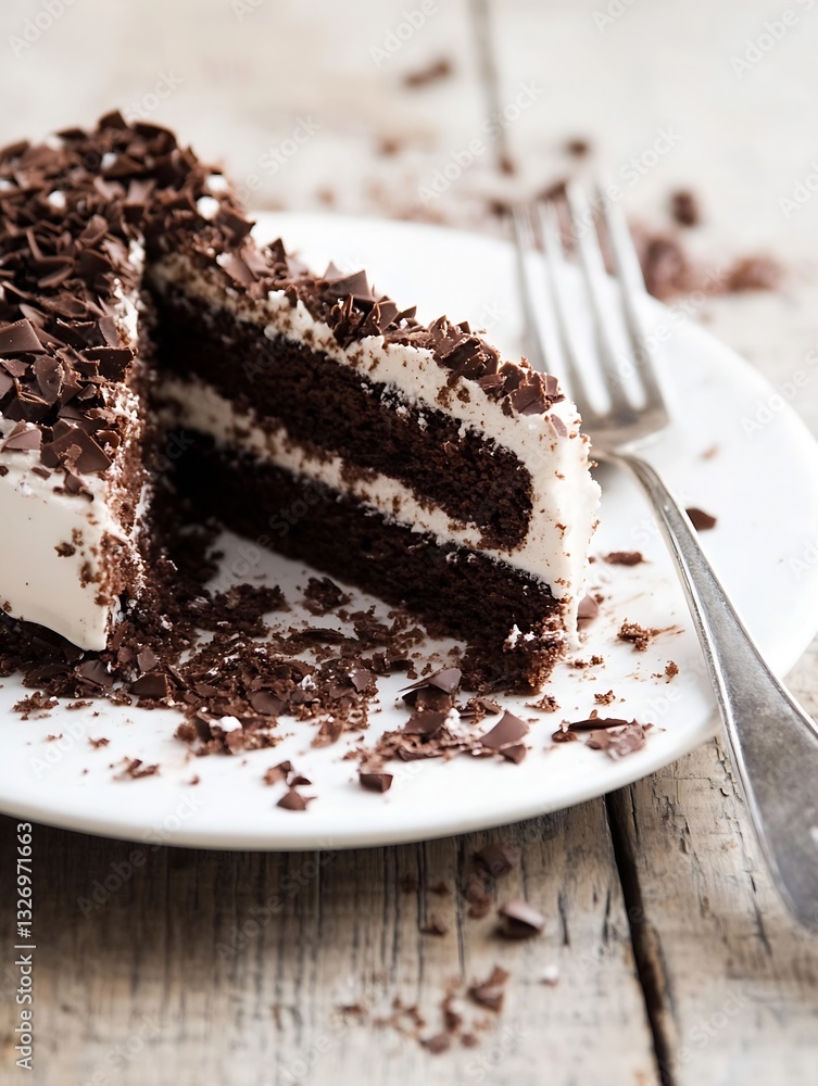 Poster sliced chocolate layer cake with cream and chocolate shavings on white plate : generative ai