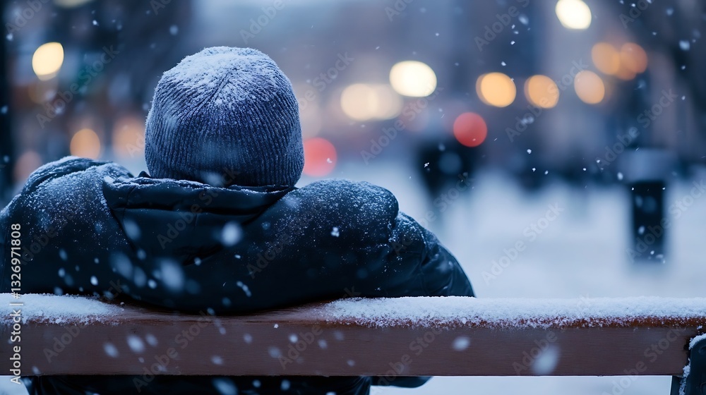Poster solitary figure sitting on a snowy bench surrounded by a winter wonderland of soft lights : generati