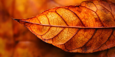Obraz premium Autumn Leaf Closeup Print, Nature Photography, Orange Brown Leaf, Leaf Veins Detail Art, Botanical Leaf Print, Fall Season Leaf Print