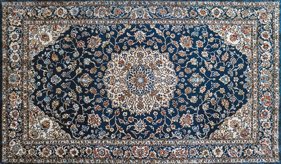 Traditional oriental rug with intricate floral pattern and elegant blue beige and brown decorative elements
