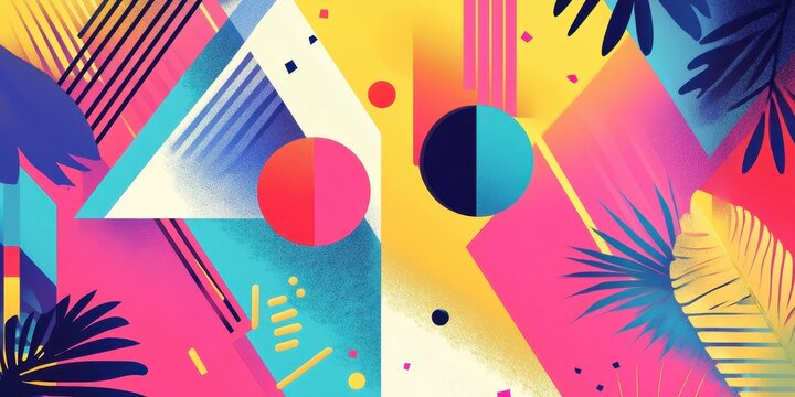 A vibrant abstract composition featuring colorful shapes and botanicals
