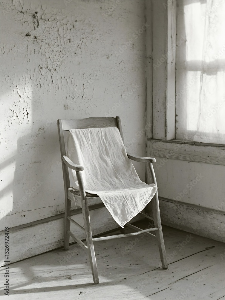 Poster rustic wooden chair draped with a simple fabric in a softly lit aged room : generative ai