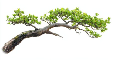 Fototapeta premium Bonsai tree branch showing lush green leaves on white background