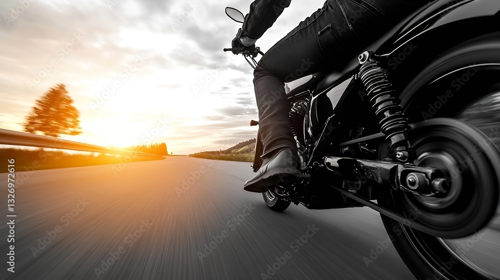 Poster dramatic sunset view of a biker riding on an empty road during golden hour : generative ai